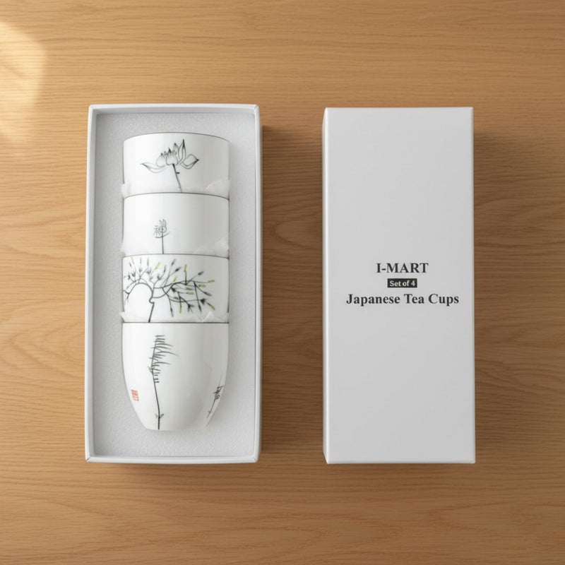 I-MART 4 Pcs Japanese Tea Cup Set, Chinese Style Ceramic Kung Fu Cups for Matcha, 5 oz Small Asian Tea Set, Traditional White Porcelain Cup Gift for Home or Office - Image 4